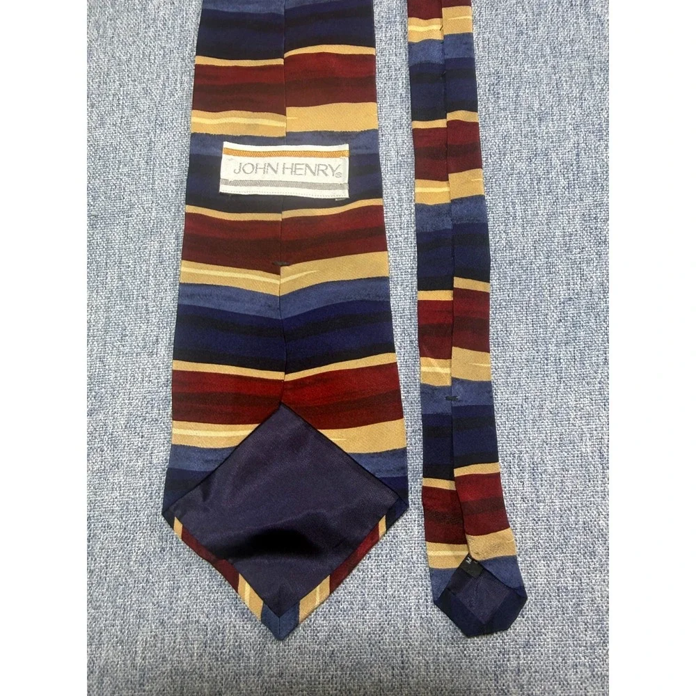 Vintage John Henry 100% Silk Necktie Horizontal Stripe Red Navy Gold
